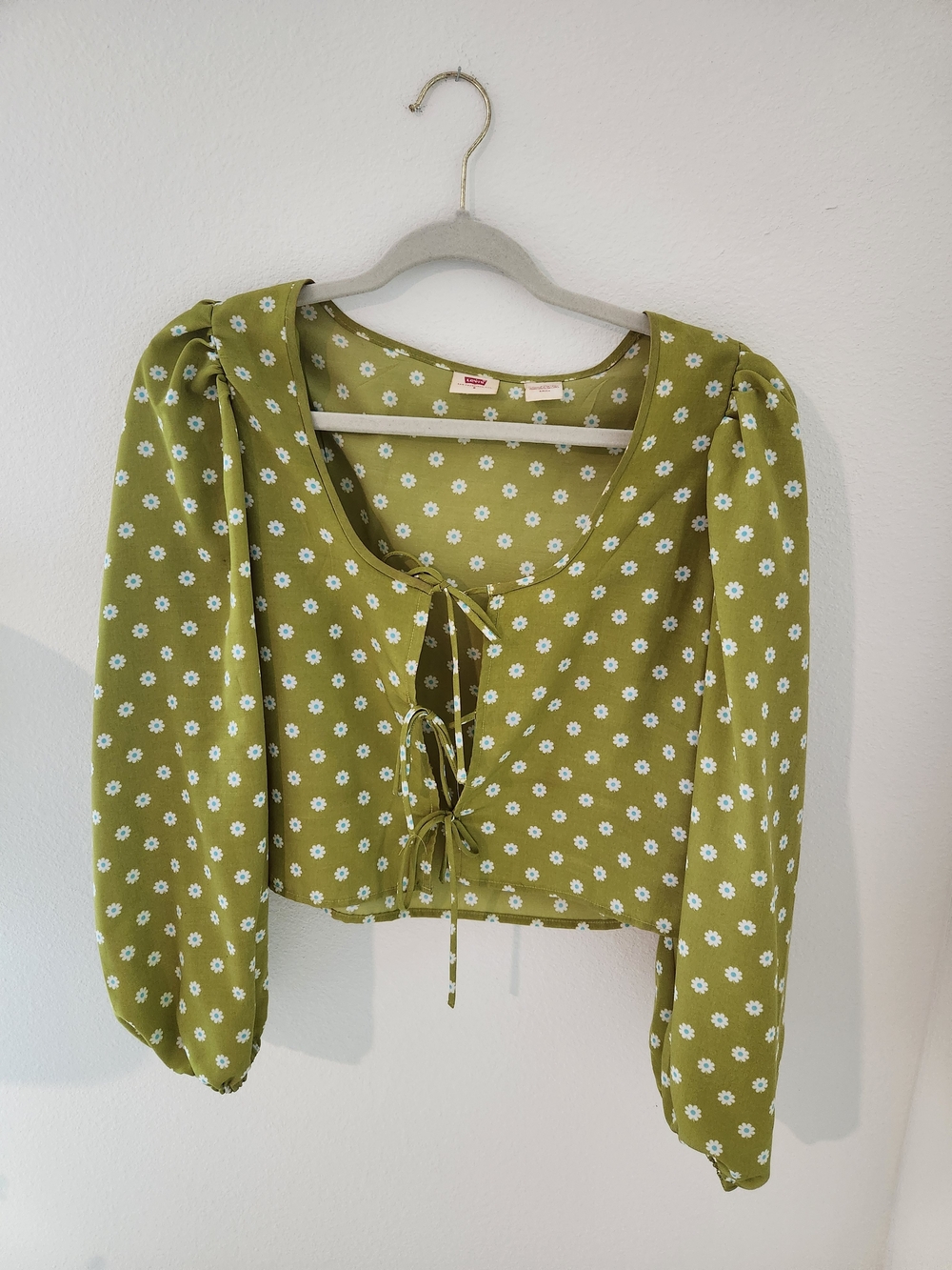 Levi's Olive Green Daisy Tie-Front Puff Sleeve Blouse